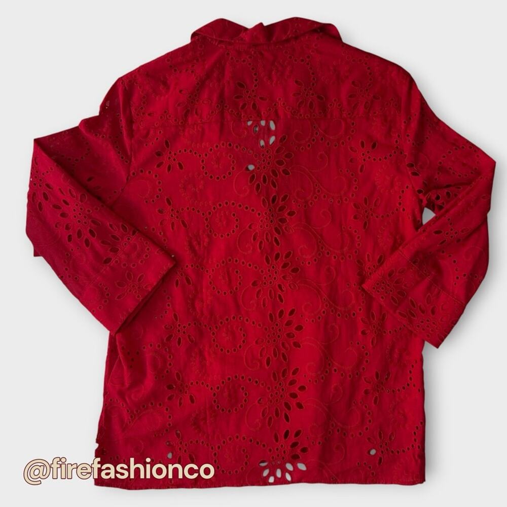 ZARA NEW Boho Hippie Western Eyelet Red Cotton Blouse Button-Up Small - Picture 2 of 10